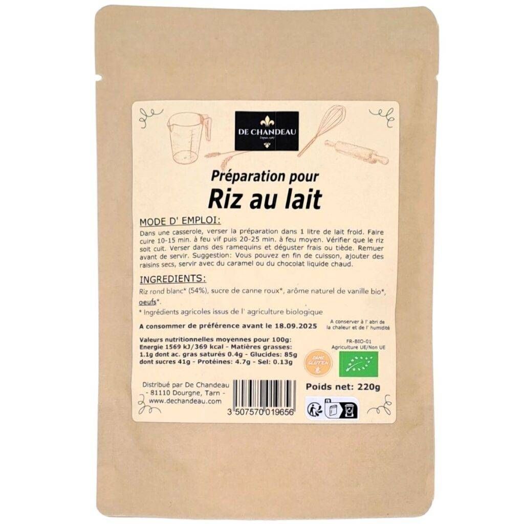 Préparation pour Riz au Lait BIO et Sans Gluten, De Chandeau