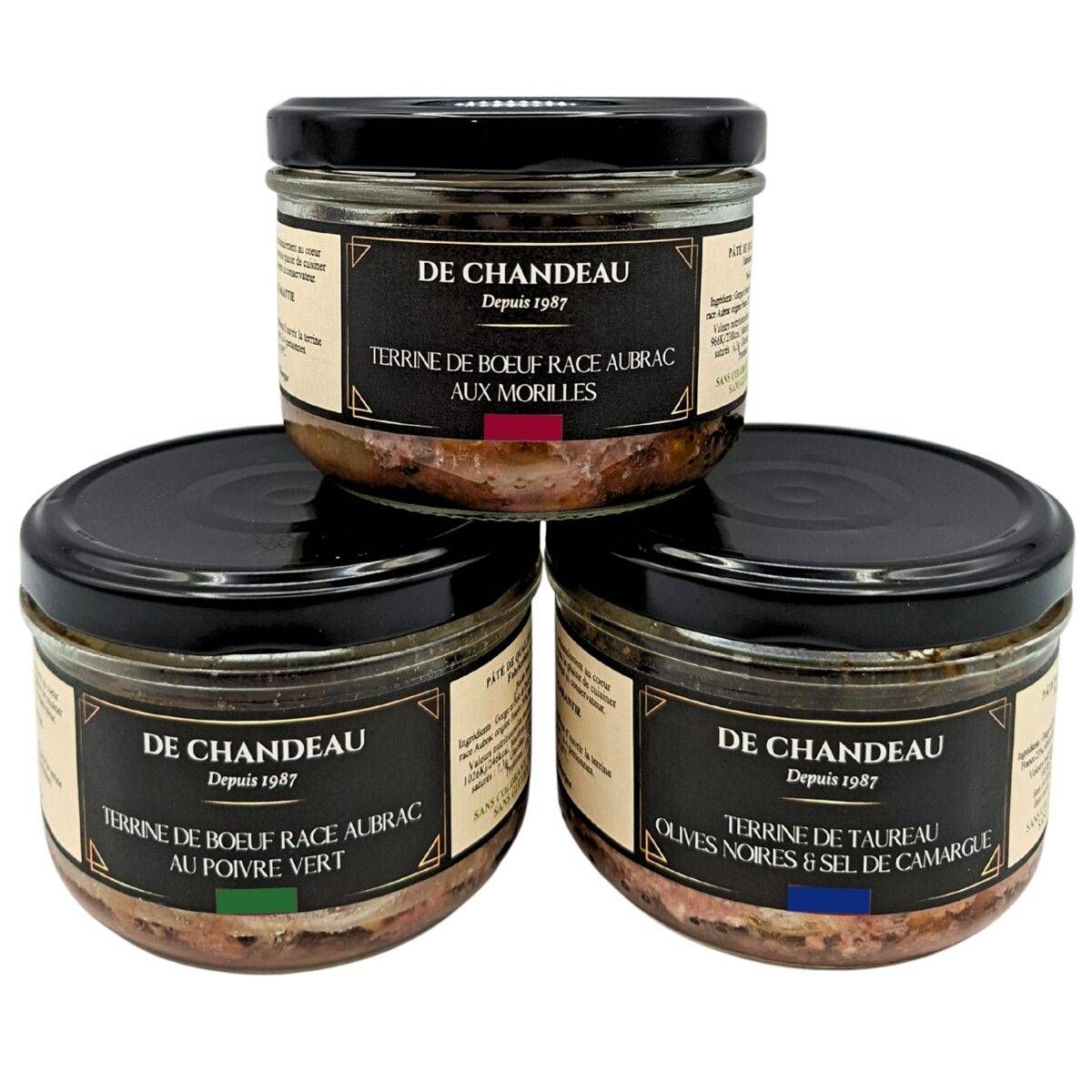 Terrines De Chandeau : bœuf race Aubrac aux morilles, bœuf race Aubrac au poivre vert, taureau olives noires & sel de Camargue 160g